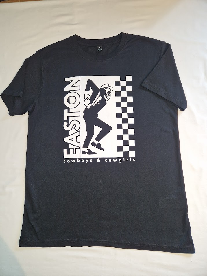 Easton cowfolk teeshirt shows skeleton dressed in ska clothes
